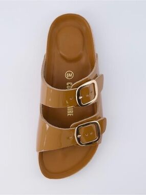 CUSHIONAIRE SLIDES Tan Double-Buckle Slide Sandal